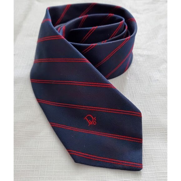 Vintage Christian Dior Men's Navy Blue and Red Striped Dior Tie - Picture 2 of 7